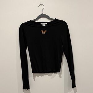 Caution To The Wind Black Long Sleeve Top with Butterfly Accent